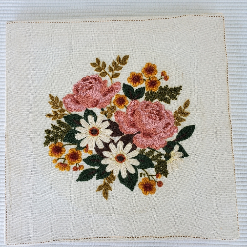 Embroidered Floral Wall Hanging 13" Square Handmade Roses Pink Cottagecore